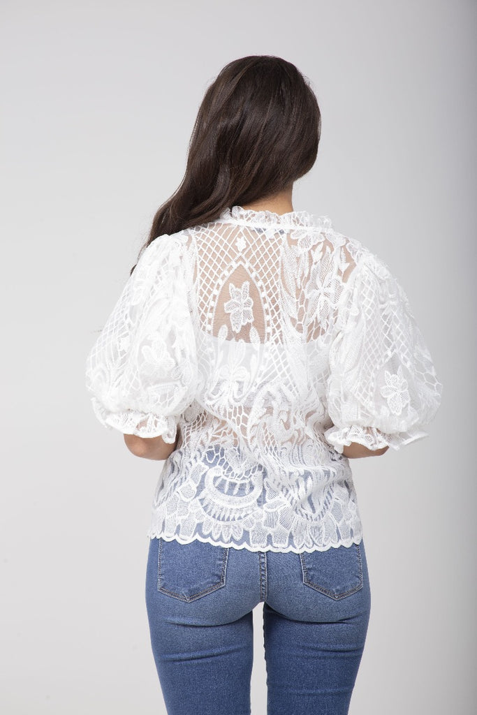 Blusa con transparencias blanca manga puff con holanes Ciudadela